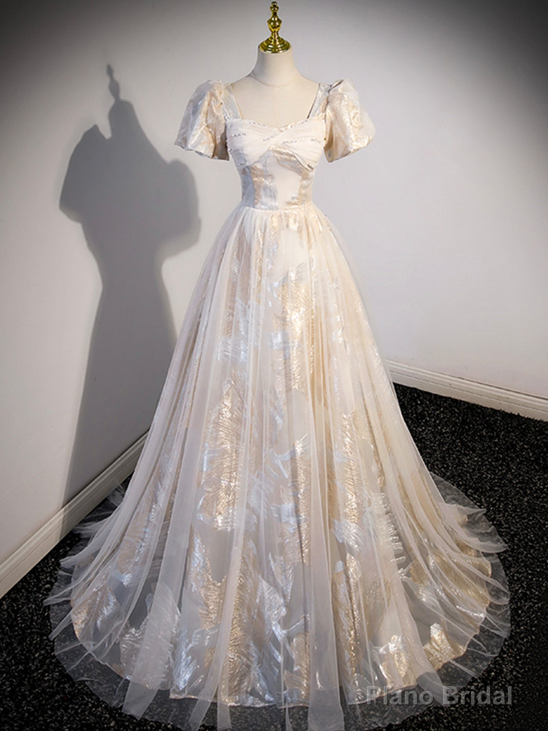 Champagne Tulle Long Formal Dresses, Champagne Short Sleeve Evening Dresses Main image