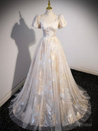 Champagne Tulle Long Formal Dresses, Champagne Short Sleeve Evening Dresses