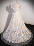 Champagne Tulle Long Formal Dresses, Champagne Short Sleeve Evening Dresses