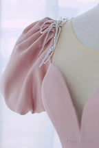 Pink Satin Long A-Line Prom Dress, Cute Short Sleeve Evening Dress