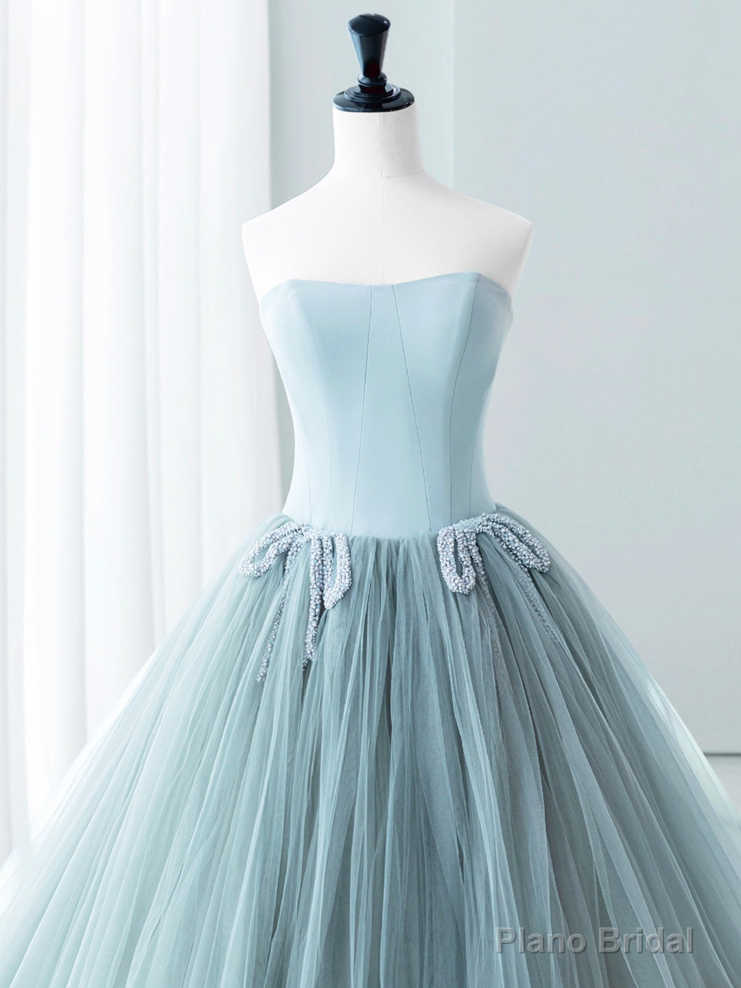 Blue Satin Tulle Long Prom Dress, Lovely Strapless Evening Dress Secondary image