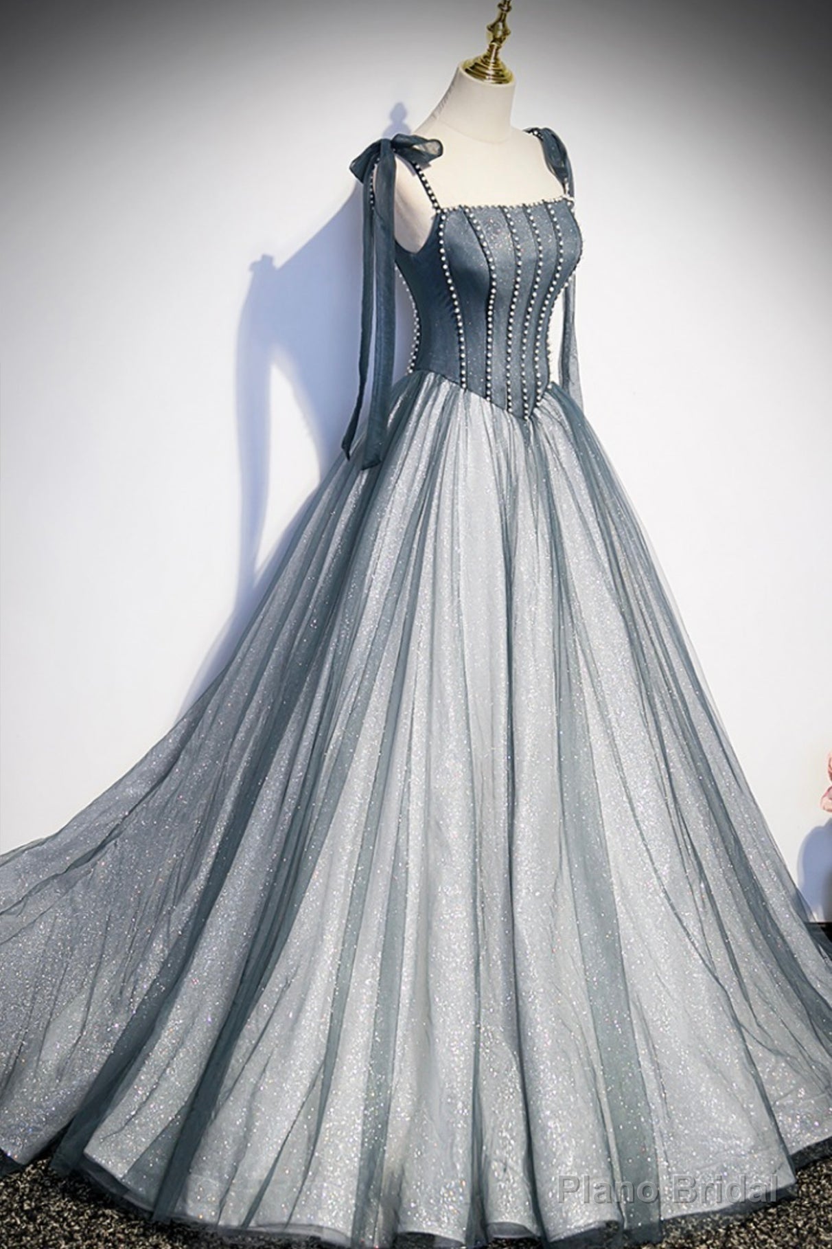 Gray Spaghetti Straps Long A-Line Prom Dress, Gray Evening Dress with Beaded Secondary image