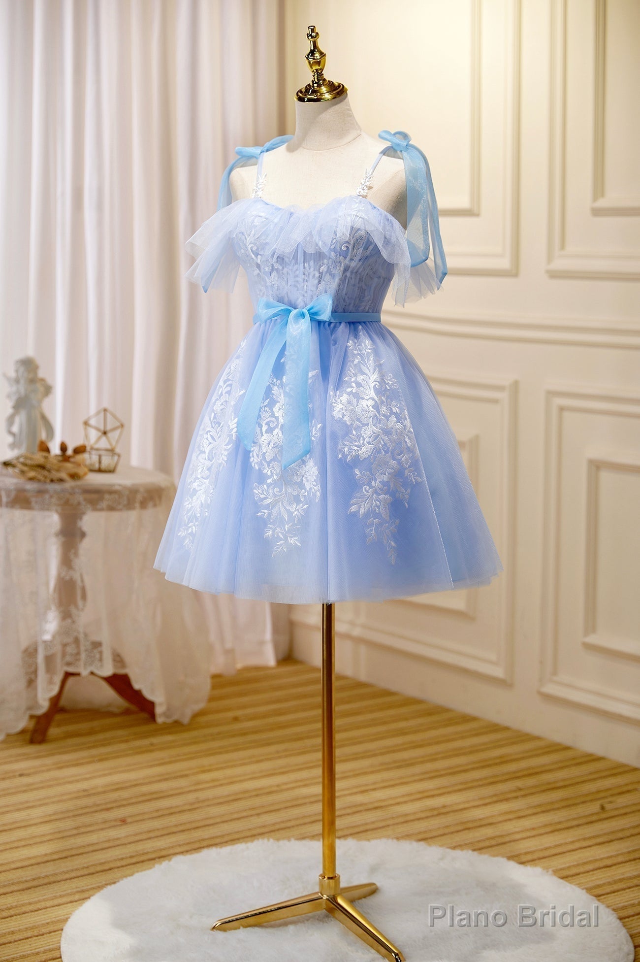 Blue Lace Knee Length Prom Dress, Lovely A-Line Homecoming Dress Main image