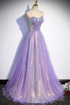 Purple Strapless Sequins Floor Length Prom Dress, A-Line Formal Dress