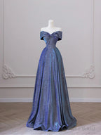 Shiny Off the Shoulder Floor Length Blue A-Line Prom Dress