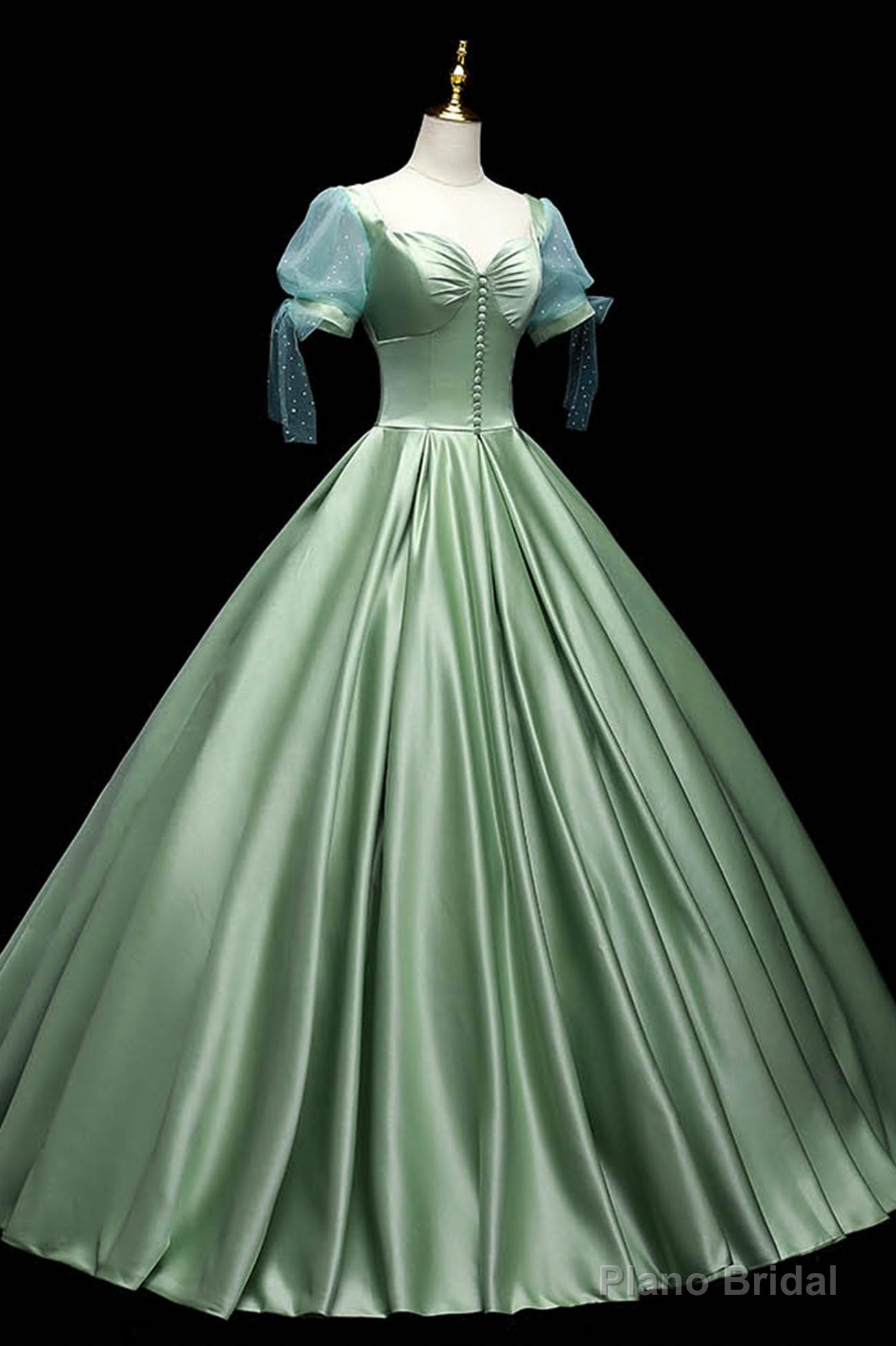 Green Satin Long A-Line Ball Gown, Green Short Sleeve Evening Gown Main image