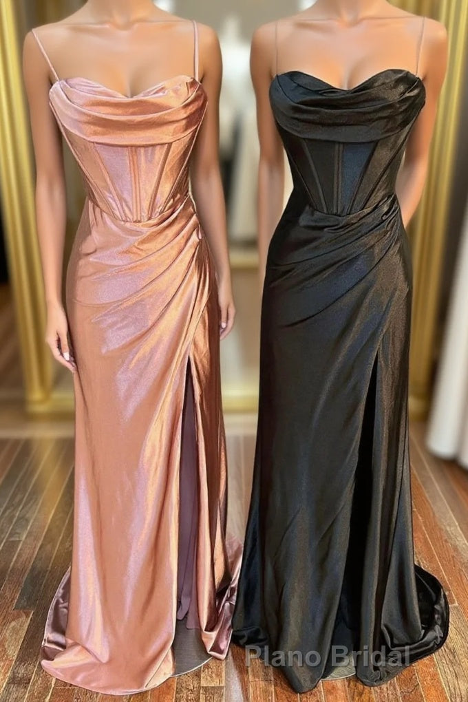 Simple Satin Long Mermaid Formal Prom Dresses, Spaghetti Straps Party Dresses with Slit Main image