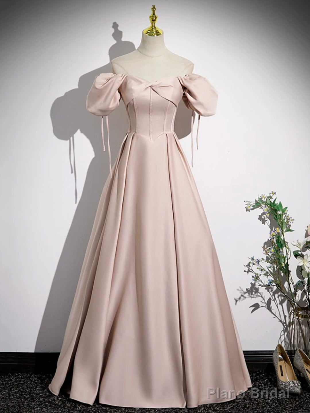 Pink Satin A-Line Floor Length Prom Dress, Off Shoulder Short Sleeve Evening Dress Main image