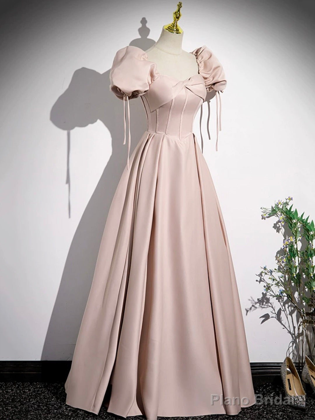 Pink Satin A-Line Floor Length Prom Dress, Off Shoulder Short Sleeve Evening Dress Secondary image