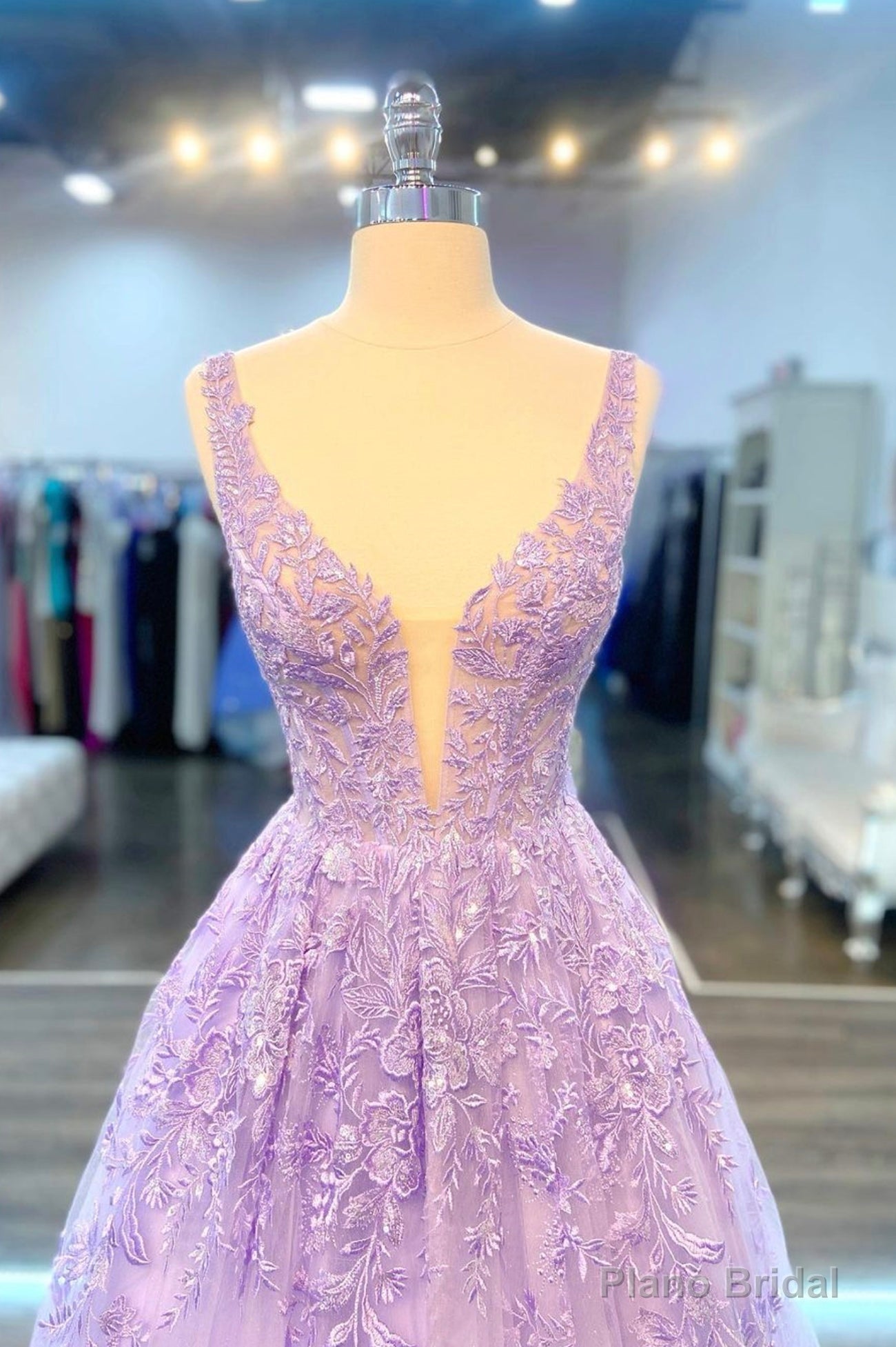 Purple V-Neck Lace Long Prom Dress, Purple A-Line Formal Evening Dress Secondary image