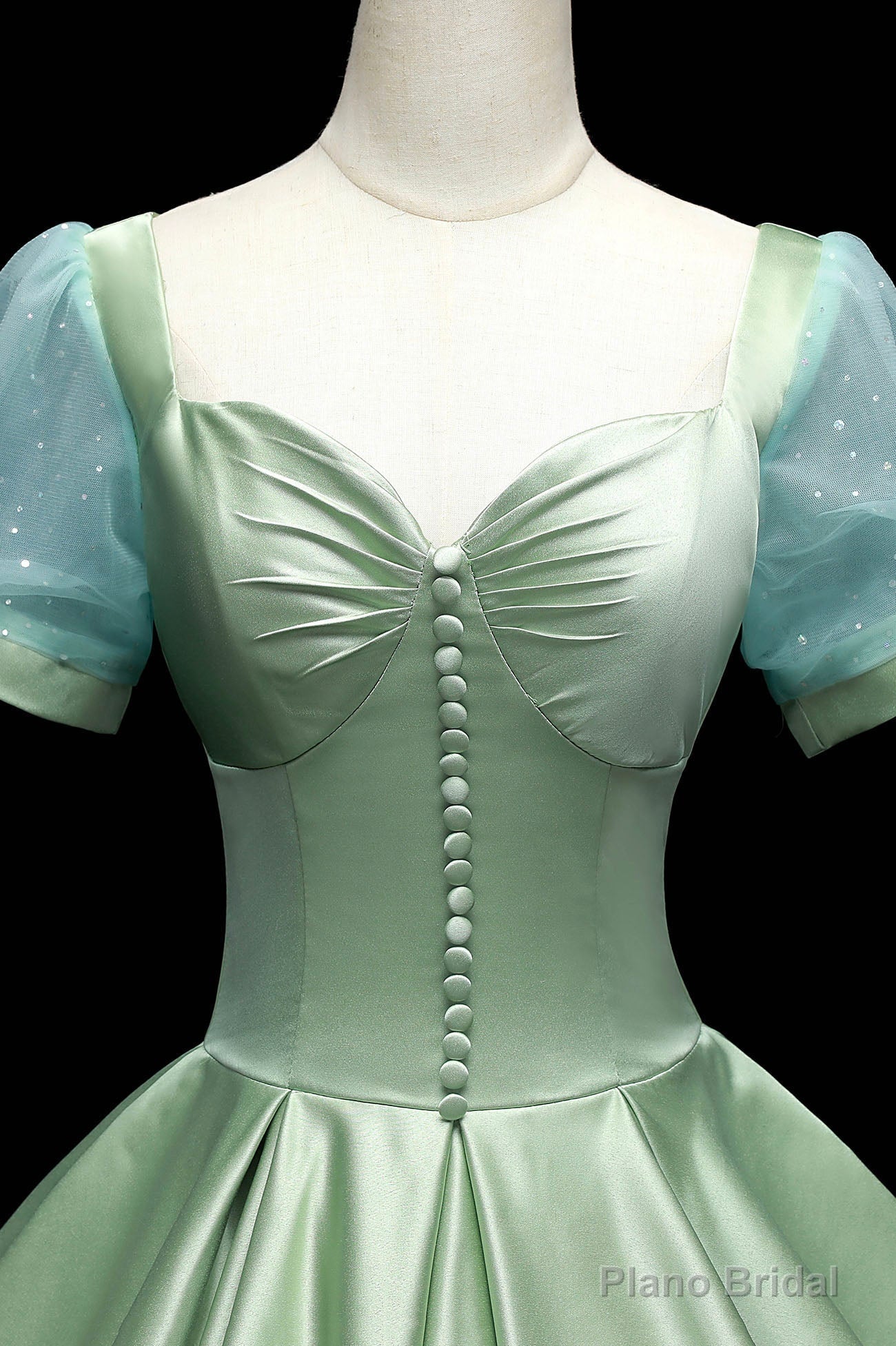 Green Satin Long A-Line Ball Gown, Green Short Sleeve Evening Gown Secondary image