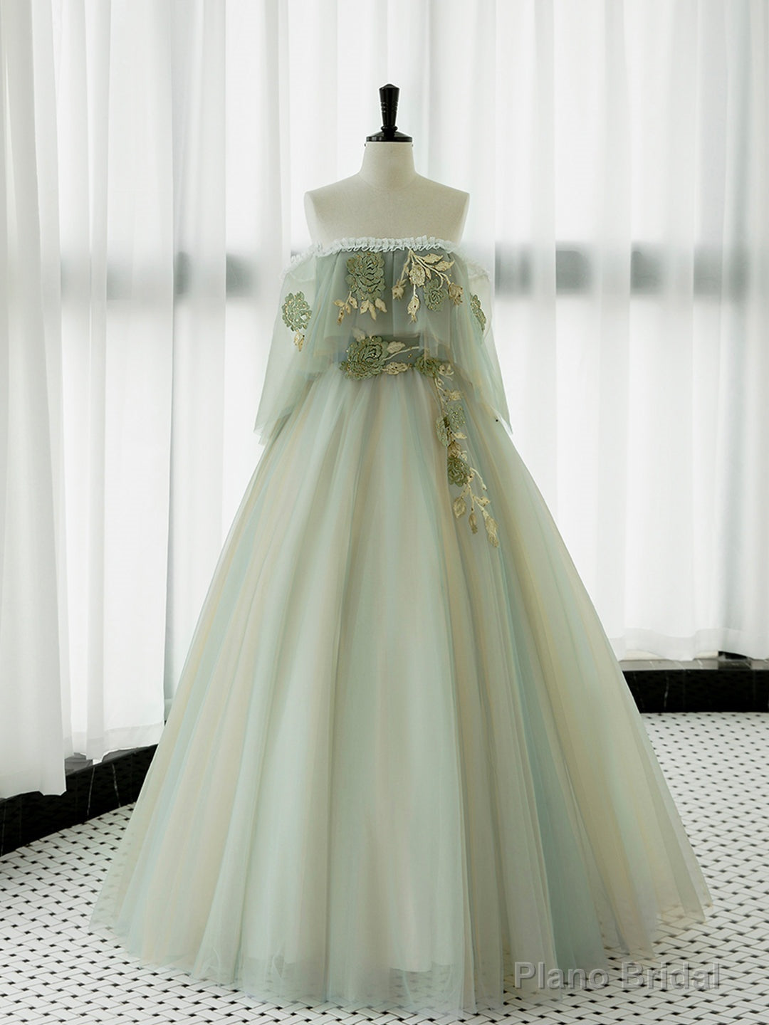 Green Tulle Lace Long Prom Dress, Green Off Shoulder Evening Party Dress Main image