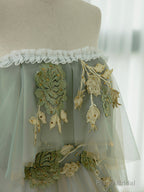 Green Tulle Lace Long Prom Dress, Green Off Shoulder Evening Party Dress