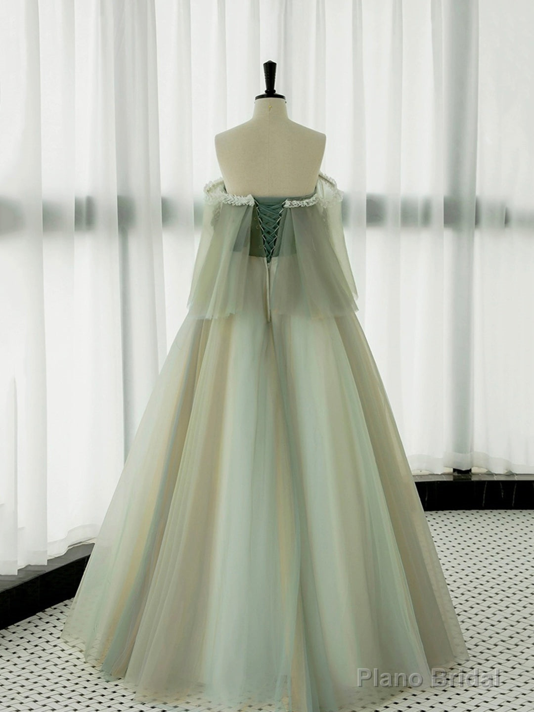 Green Tulle Lace Long Prom Dress, Green Off Shoulder Evening Party Dress Secondary image