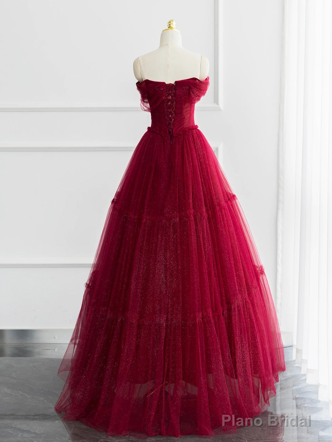 Burgundy Shiny Tulle Long Prom Dress, Beautiful A-Line Off the Shoulder Evening Dress Main image