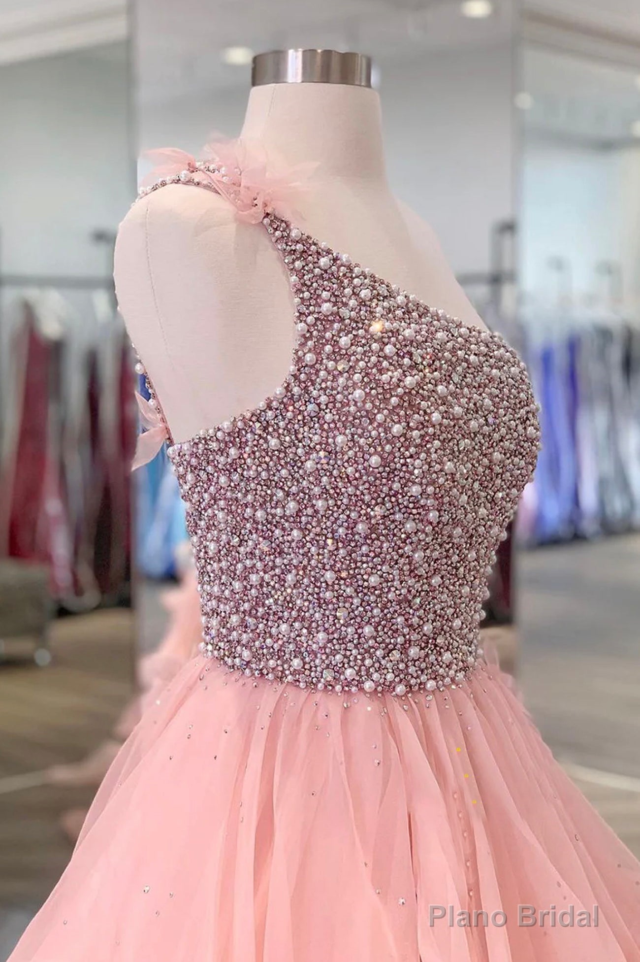 Pink Organza Beaded Long Formal Dress, A-Line One Shoulder Evening Dress