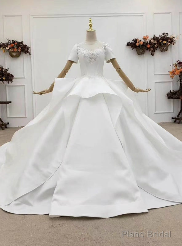 Low Price Guarantee White Ball Gown Satin Short Sleeve Beading Backless Wedding Dress Main image