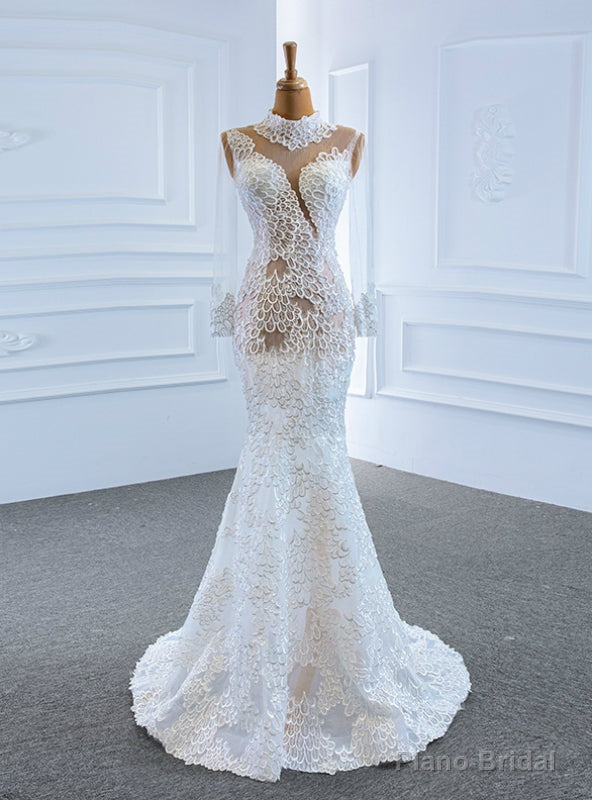 Low Price Guarantee White Mermaid Lace Long Sleeve High Neck Wedding Dress Main image
