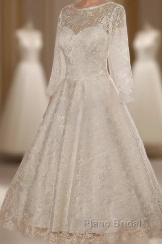 Low V Back Tea Length Lace Wedding Dresses