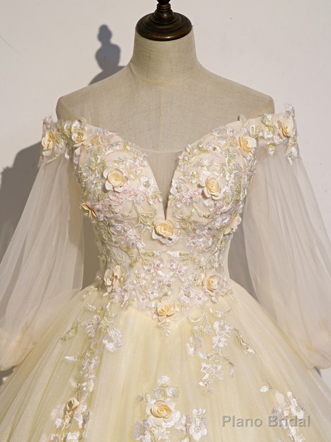 Champagne Tulle Lace Long Prom Dress, A-Line Off the Shoulder Long Sleeve Evening Dress Secondary image