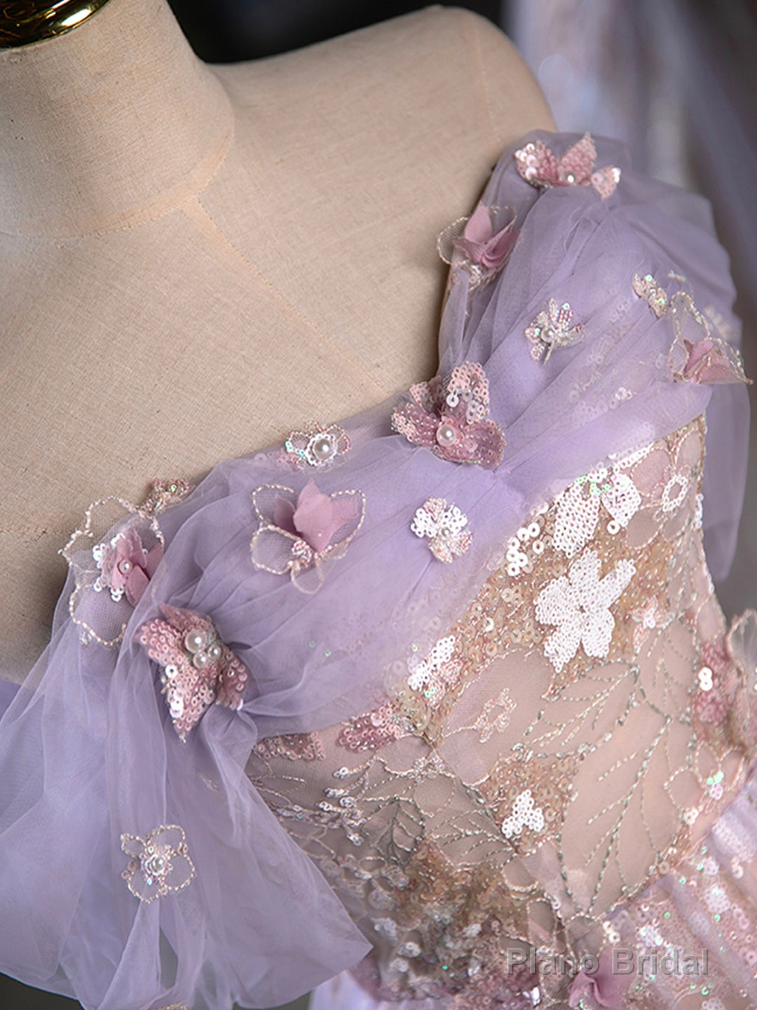 Purple A-Line Off the Shoulder Sequins Prom Dress, Lovely Tulle Corset Floor Length Evening Dress