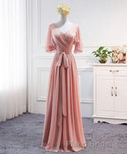 Simple V Neck Chiffon Long Formal Prom Dresses, Bridesmaid Dresses
