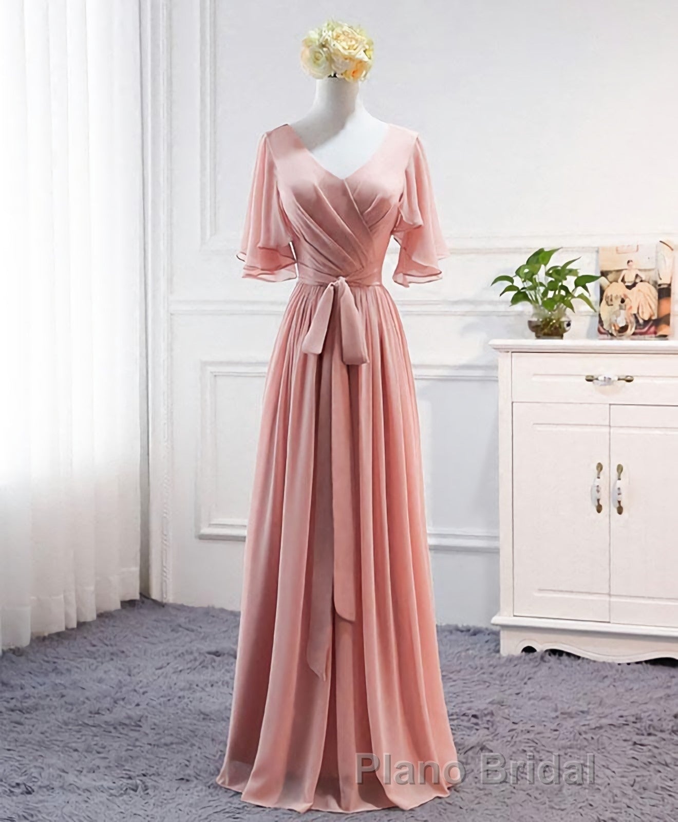 Simple V Neck Chiffon Long Formal Prom Dresses, Bridesmaid Dresses