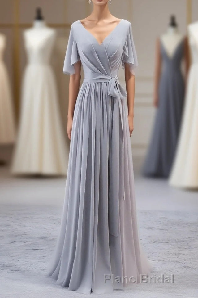 Simple V Neck Chiffon Long Formal Prom Dresses, Bridesmaid Dresses Main image