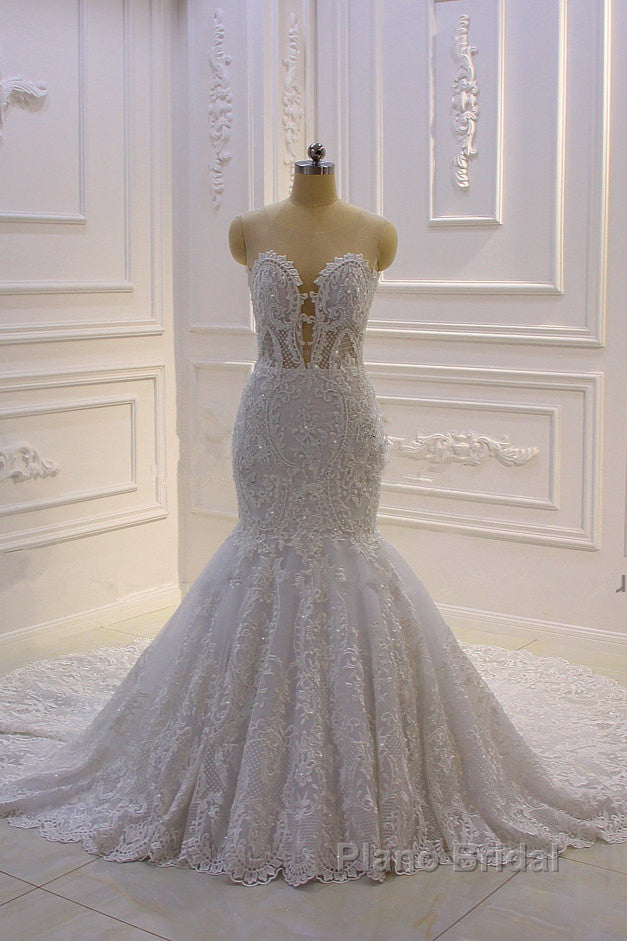 Luxurious 3D Lace Applique High Neck Tulle Mermaid Wedding Dress Secondary image