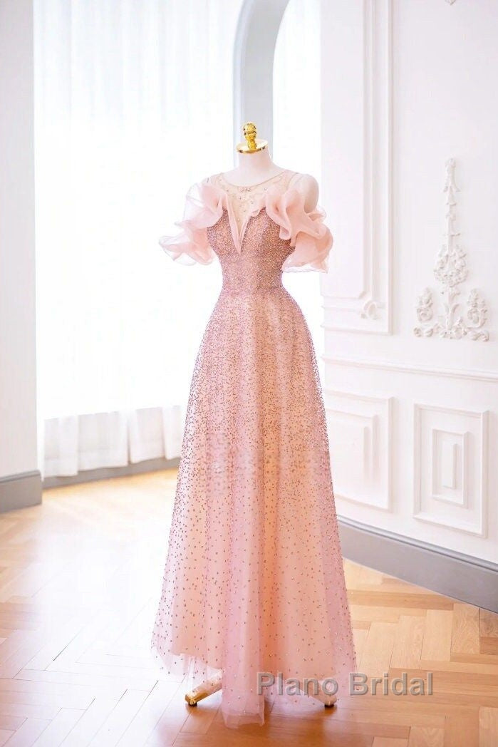 Luxurious A Line Off The Shoulder Pink Tulle Long Formal Prom Dresses