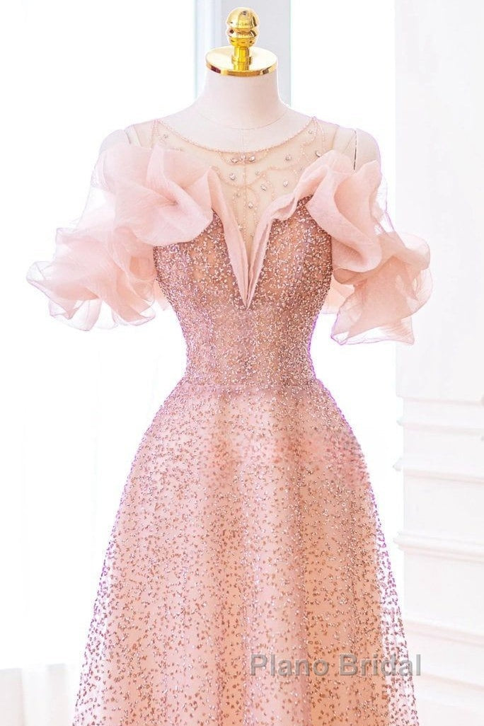 Luxurious A Line Off The Shoulder Pink Tulle Long Formal Prom Dresses