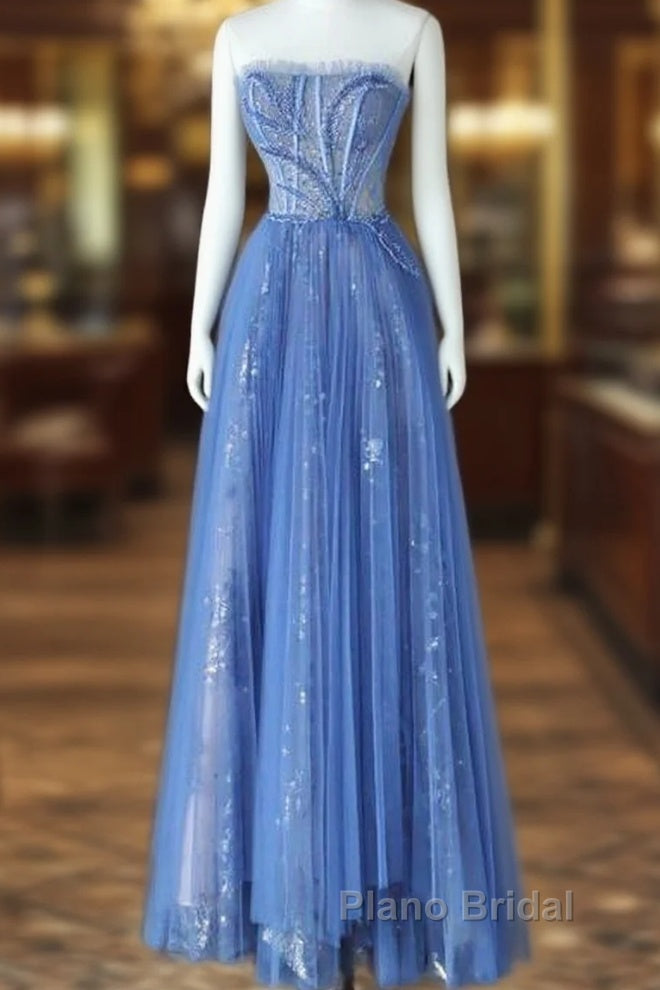 Luxurious A Line Strapless Blue Long Formal Prom Dresses