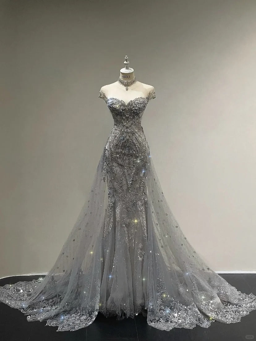 Luxurious And Sparkling Silver Mermaid Off-Shoulder Beaded Train Wedding Dresses