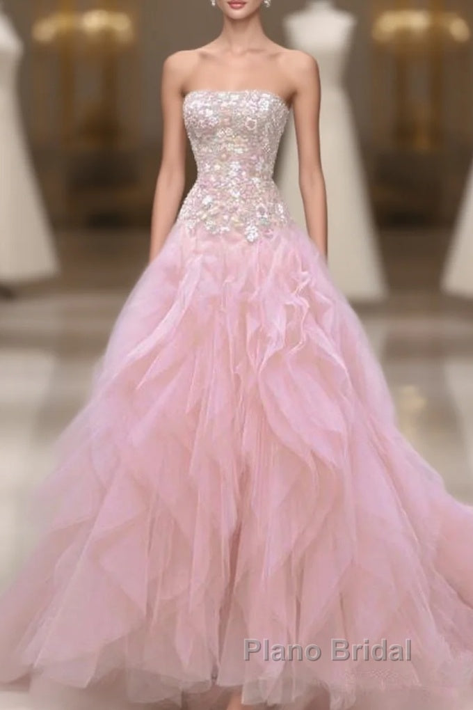 Luxurious Ball Gown Strapless Pink Tulle Long Formal Prom Dresses