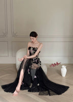 Luxurious Black A-Line 3D Floral Sequin Strapless Tulle Long Formal Prom Dresses