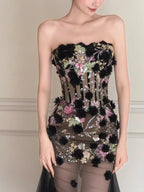 Luxurious Black A-Line 3D Floral Sequin Strapless Tulle Long Formal Prom Dresses