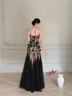 Luxurious Black A-Line 3D Floral Sequin Strapless Tulle Long Formal Prom Dresses