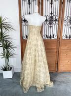Luxurious Champagne Gold A-Line Strapless Embroidered Lace Tulle Long Formal Prom Dresses