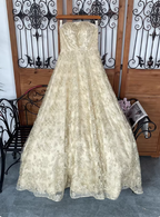 Luxurious Champagne Gold A-Line Strapless Embroidered Lace Tulle Long Formal Prom Dresses