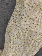 Luxurious Champagne Gold Crew Neck Rhinestone Lace Train Formal Prom Dresses