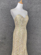 Luxurious Champagne Gold Crew Neck Rhinestone Lace Train Formal Prom Dresses