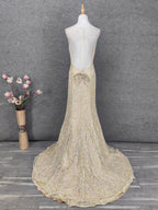Luxurious Champagne Gold Crew Neck Rhinestone Lace Train Formal Prom Dresses