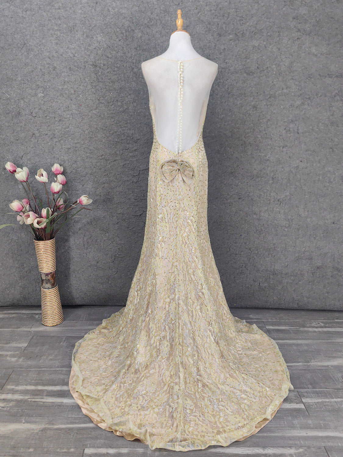 Luxurious Champagne Gold Crew Neck Rhinestone Lace Train Formal Prom Dresses
