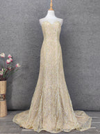 Luxurious Champagne Gold Crew Neck Rhinestone Lace Train Formal Prom Dresses