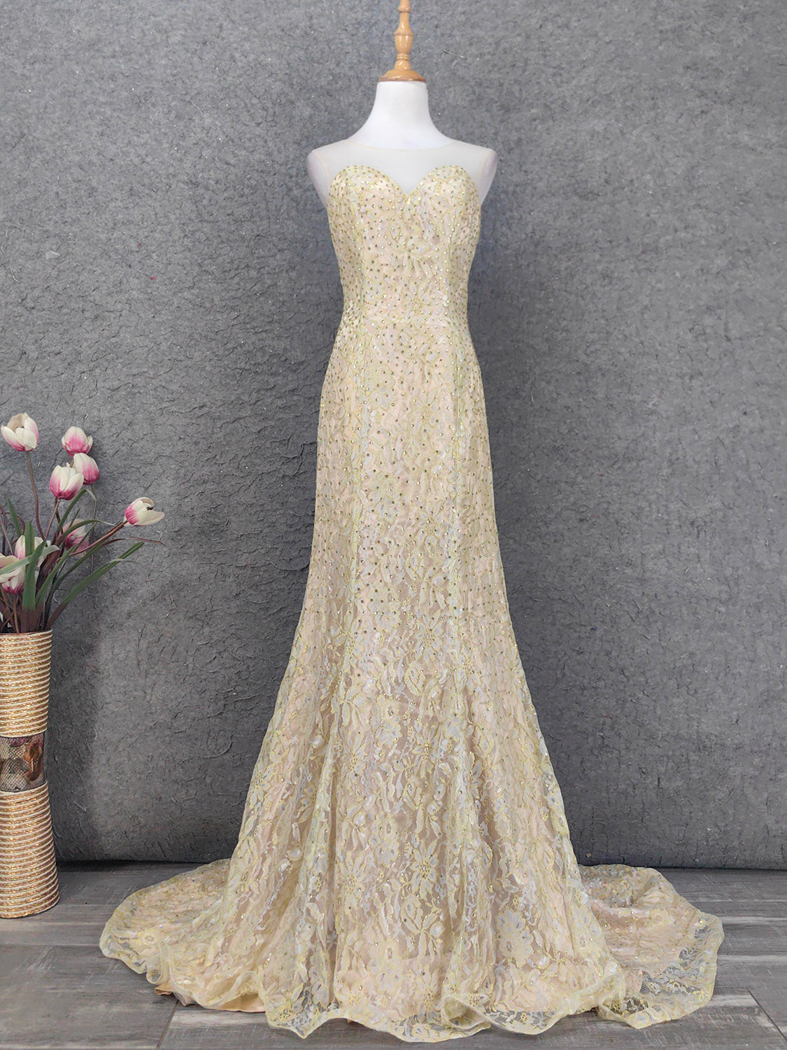 Luxurious Champagne Gold Crew Neck Rhinestone Lace Train Formal Prom Dresses