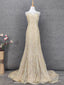 Luxurious Champagne Gold Crew Neck Rhinestone Lace Train Formal Prom Dresses