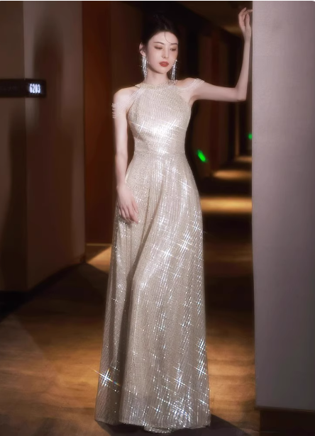 Luxurious Champagne Gold Halter Cold Shoulder Sequined Long Formal Prom Dresses Secondary image