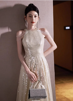 Luxurious Champagne Gold Halter Cold Shoulder Sequined Long Formal Prom Dresses