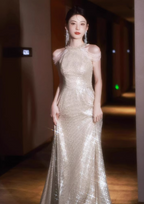 Luxurious Champagne Gold Halter Cold Shoulder Sequined Long Formal Prom Dresses