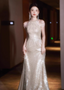 Luxurious Champagne Gold Halter Cold Shoulder Sequined Long Formal Prom Dresses